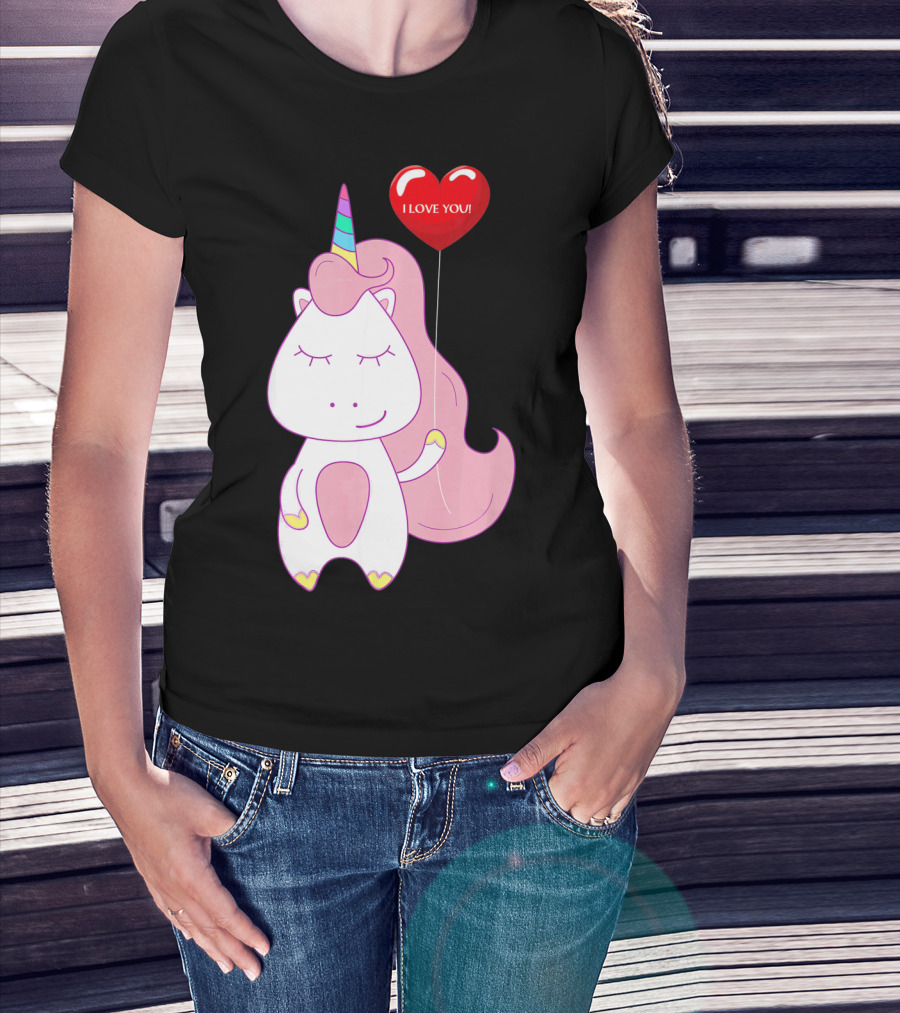 Unicorn Holding Heart Balloon With I Love You Message Valentine T-Shirt