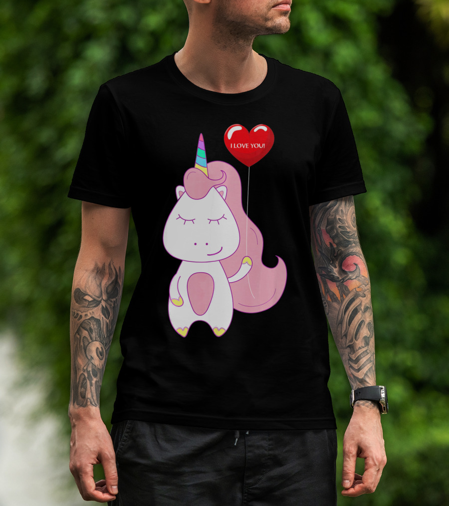Unicorn Holding Heart Balloon With I Love You Message Valentine T-Shirt