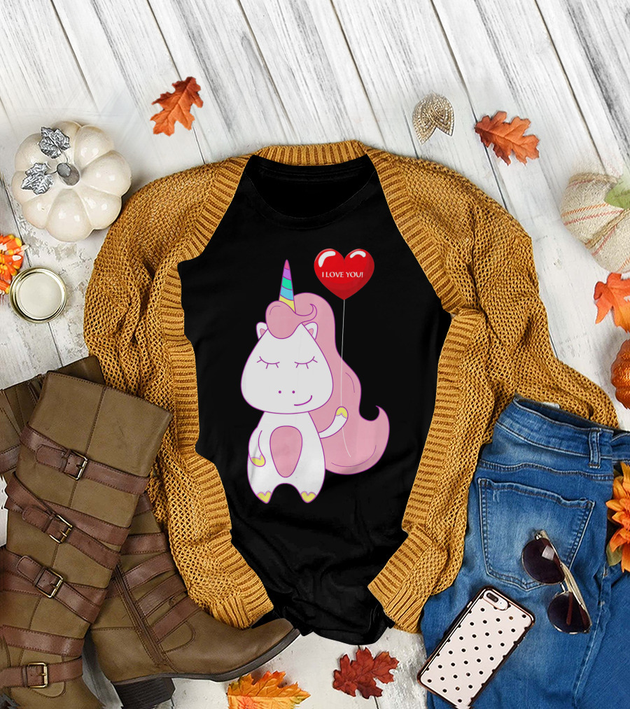 Unicorn Holding Heart Balloon with I Love You Message Valentine T-Shirt