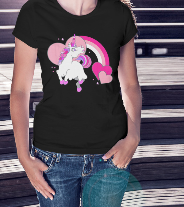 Unicorn Valentines Day Heart Rainbow Pink Stars T-Shirt