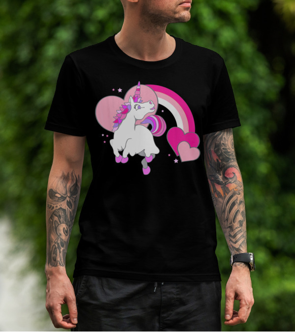Unicorn Valentines Day Heart Rainbow Pink Stars T-Shirt