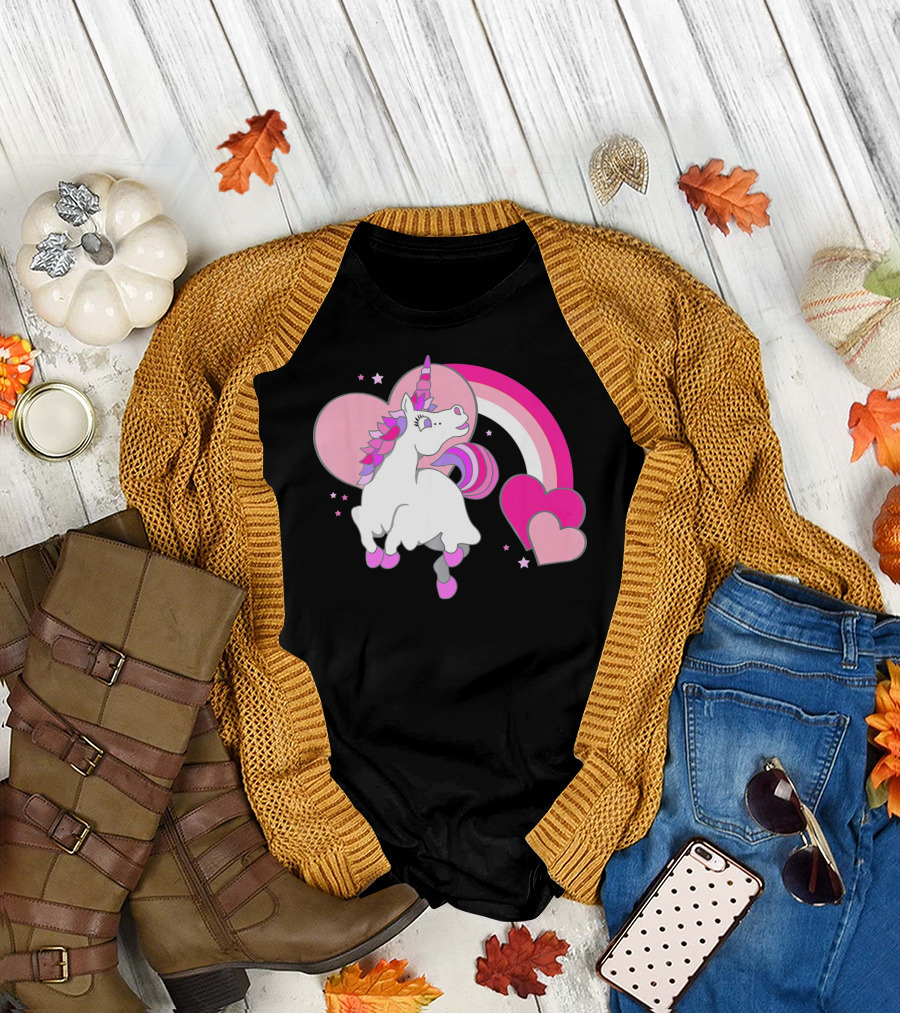 Unicorn Valentines Day Heart Rainbow Pink Stars T-Shirt