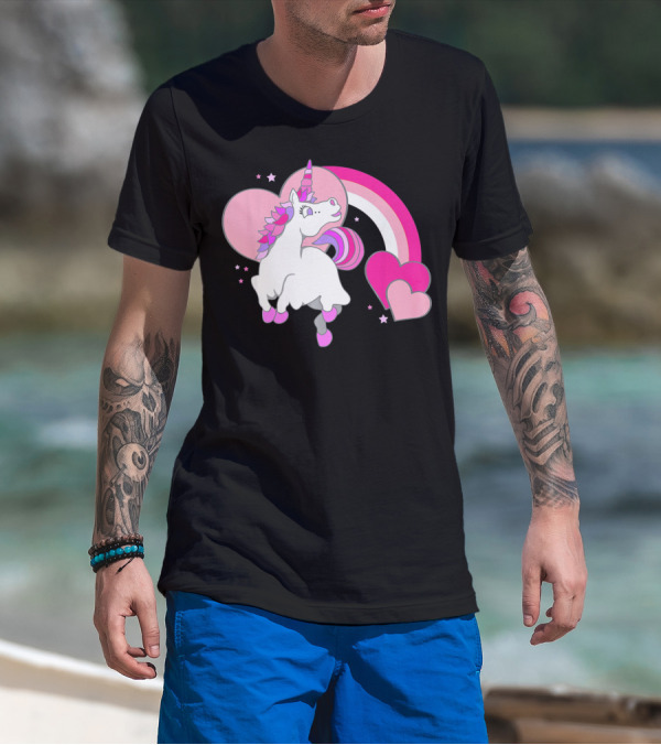 Unicorn Valentines Day Heart Rainbow Pink Stars T-Shirt