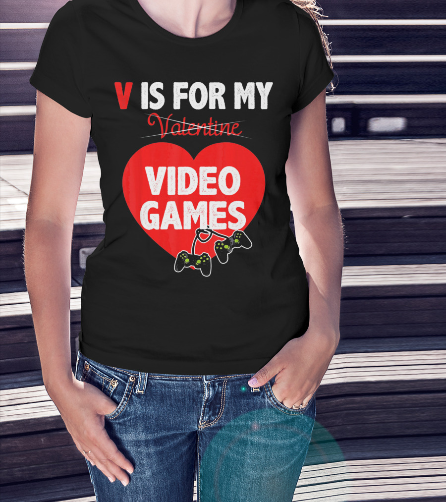 V Is For My Valentine Video Games Red Heart T-Shirt