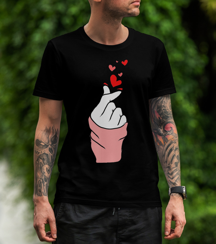 Korean Finger Heart Gesture With Floating Hearts For Valentine's Day T-Shirt