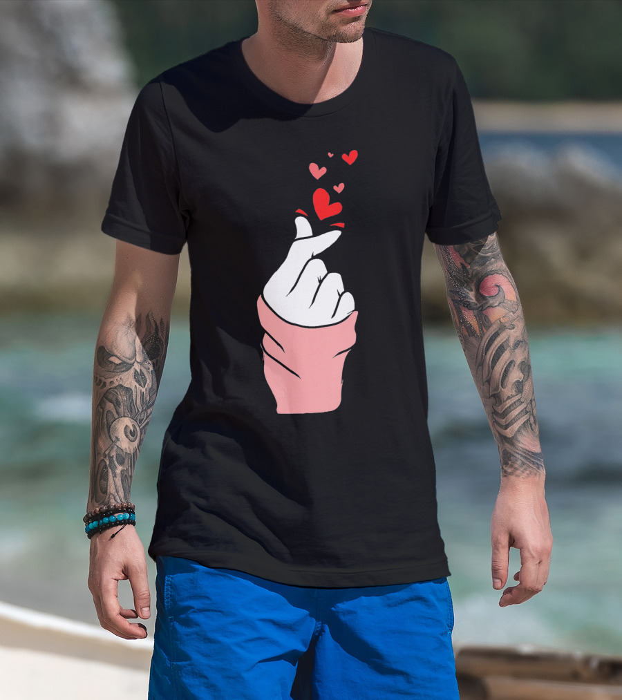 Korean Finger Heart Gesture With Floating Hearts For Valentine's Day T-Shirt