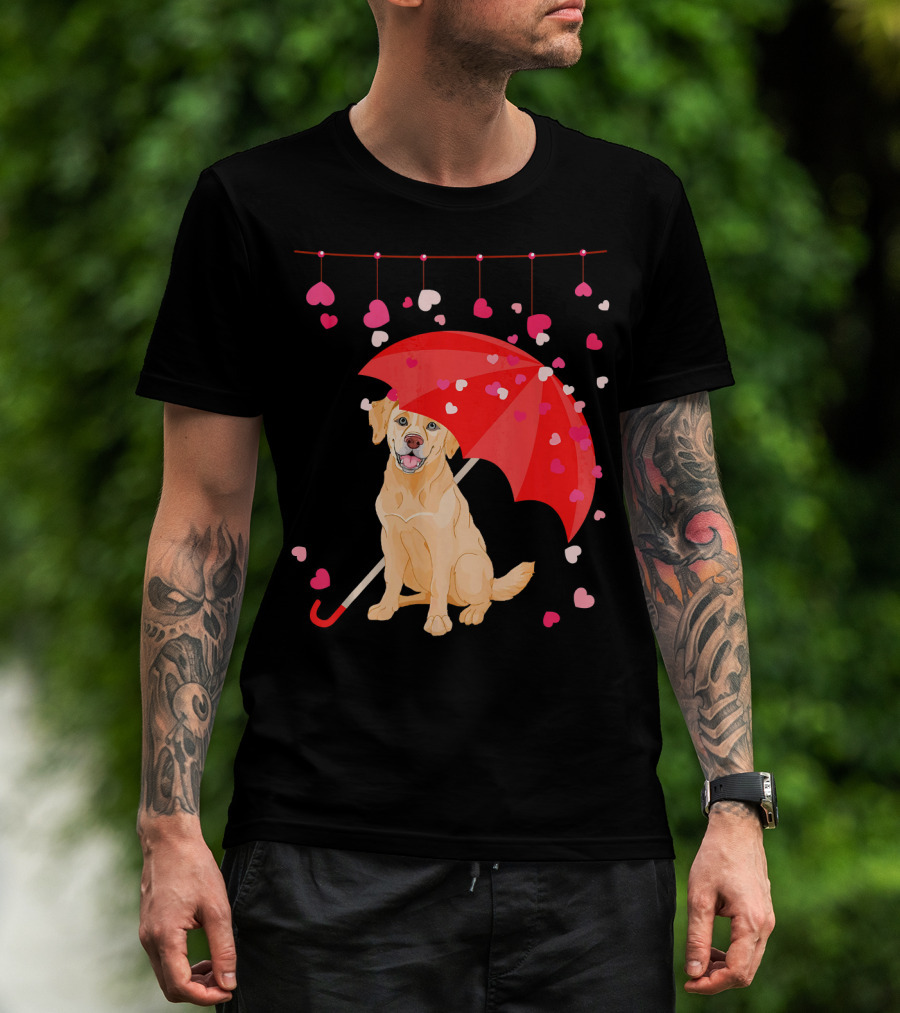Labrador Retriever Under Umbrella With Falling Hearts Valentine's Day T-Shirt