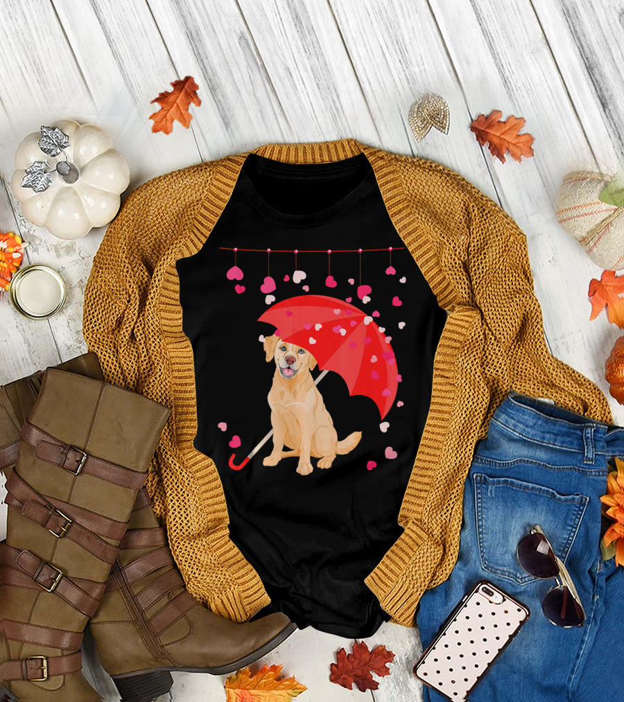 Labrador Retriever Under Umbrella with Falling Hearts Valentine's Day T-Shirt