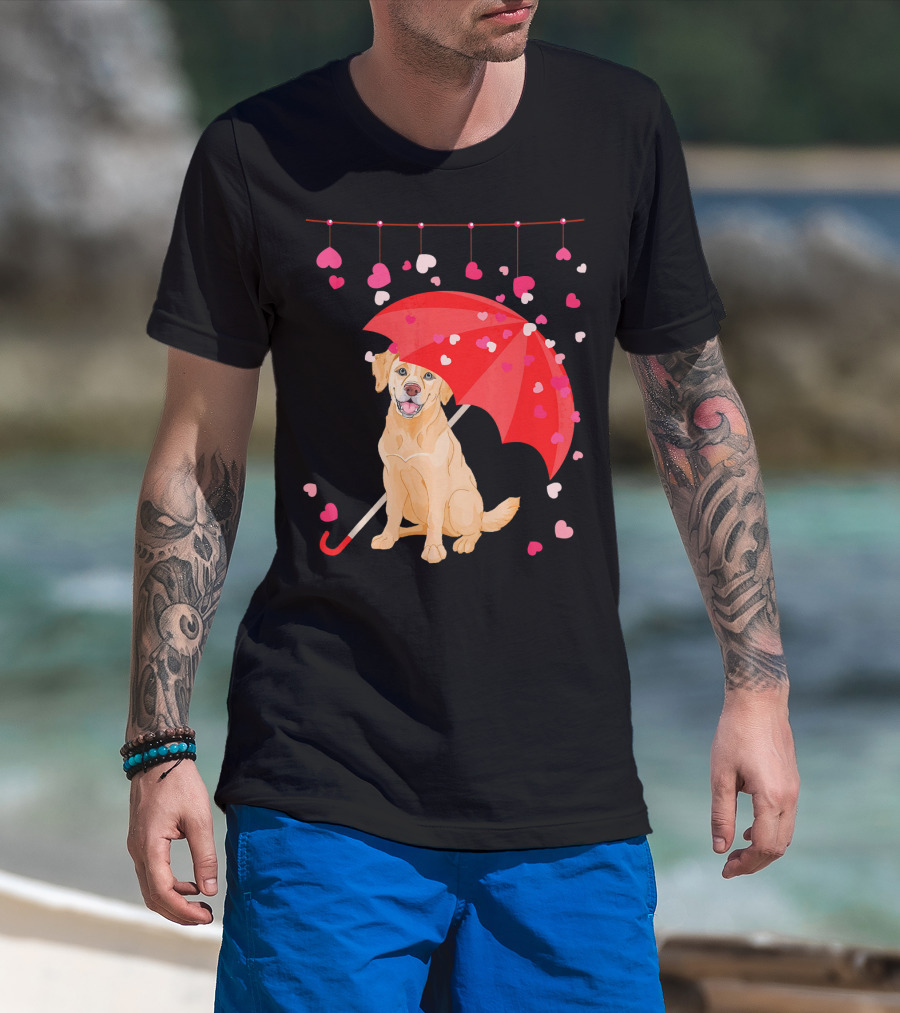Labrador Retriever Under Umbrella With Falling Hearts Valentine's Day T-Shirt