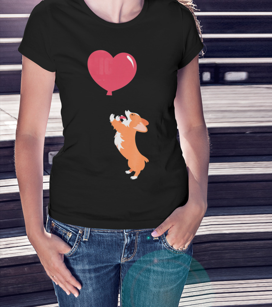 Little Corgi Puppy Dog Reaching For Red Heart Balloon T-Shirt