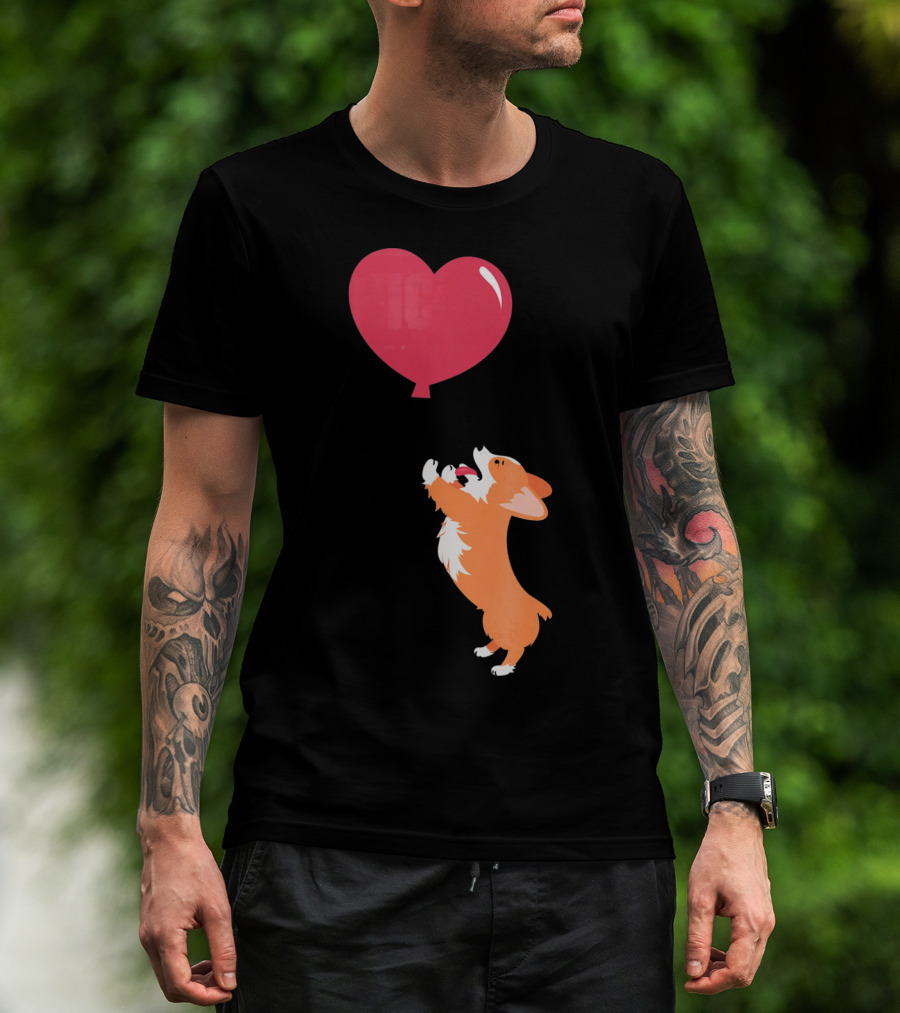 Little Corgi Puppy Dog Reaching For Red Heart Balloon T-Shirt