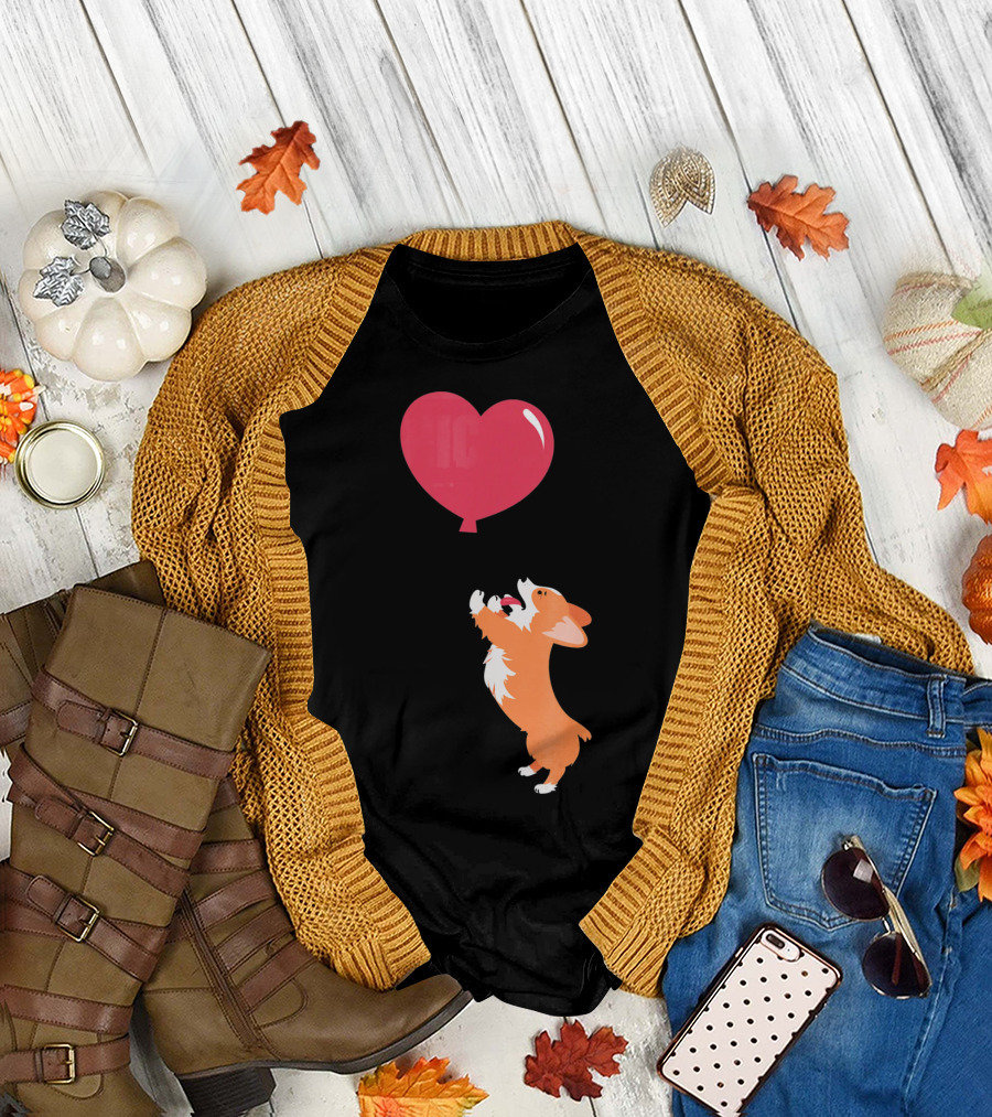 Little Corgi Puppy Dog Reaching for Red Heart Balloon T-Shirt
