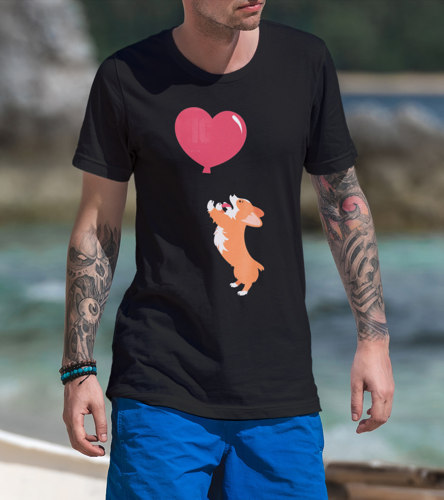 Little Corgi Puppy Dog Reaching For Red Heart Balloon T-Shirt