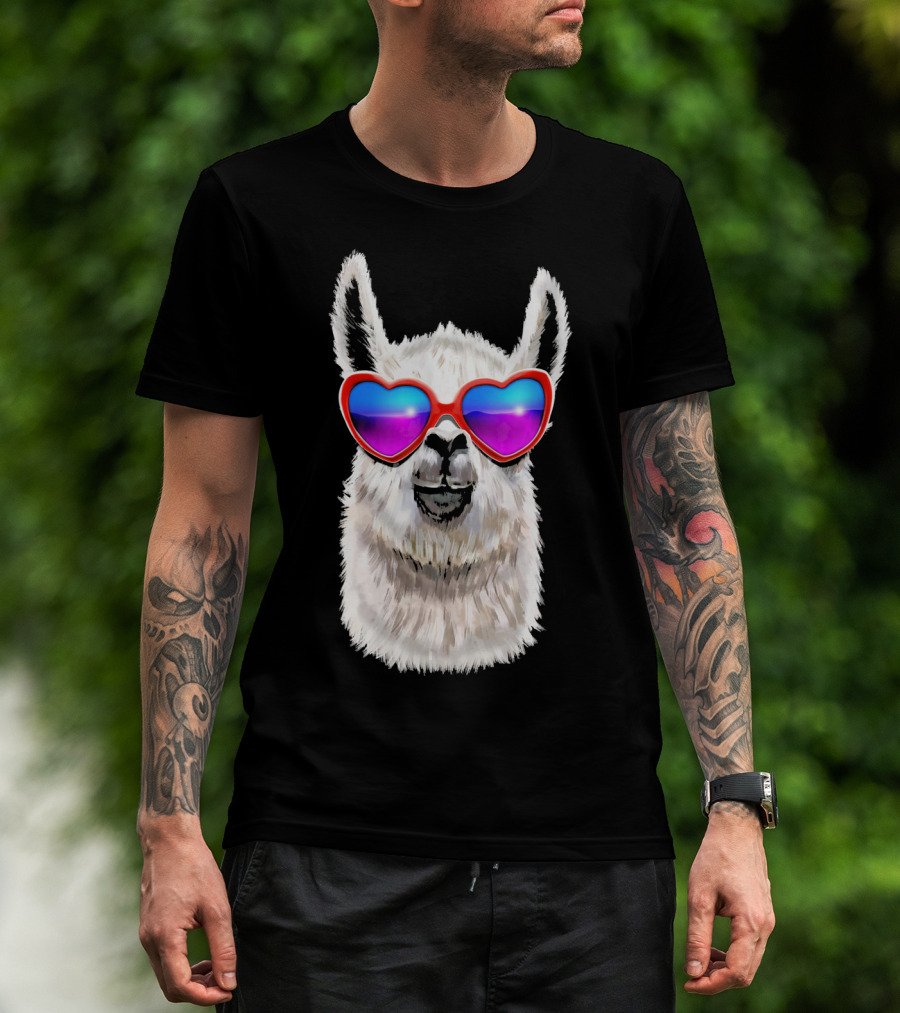 Llama Valentine's Day Heart Sunglasses Fashion T-Shirt