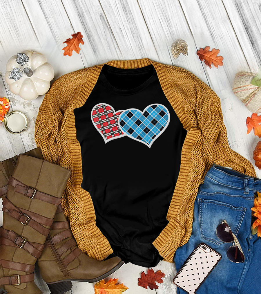 Valentine Buffalo Plaid Red and Blue Heart T-Shirt