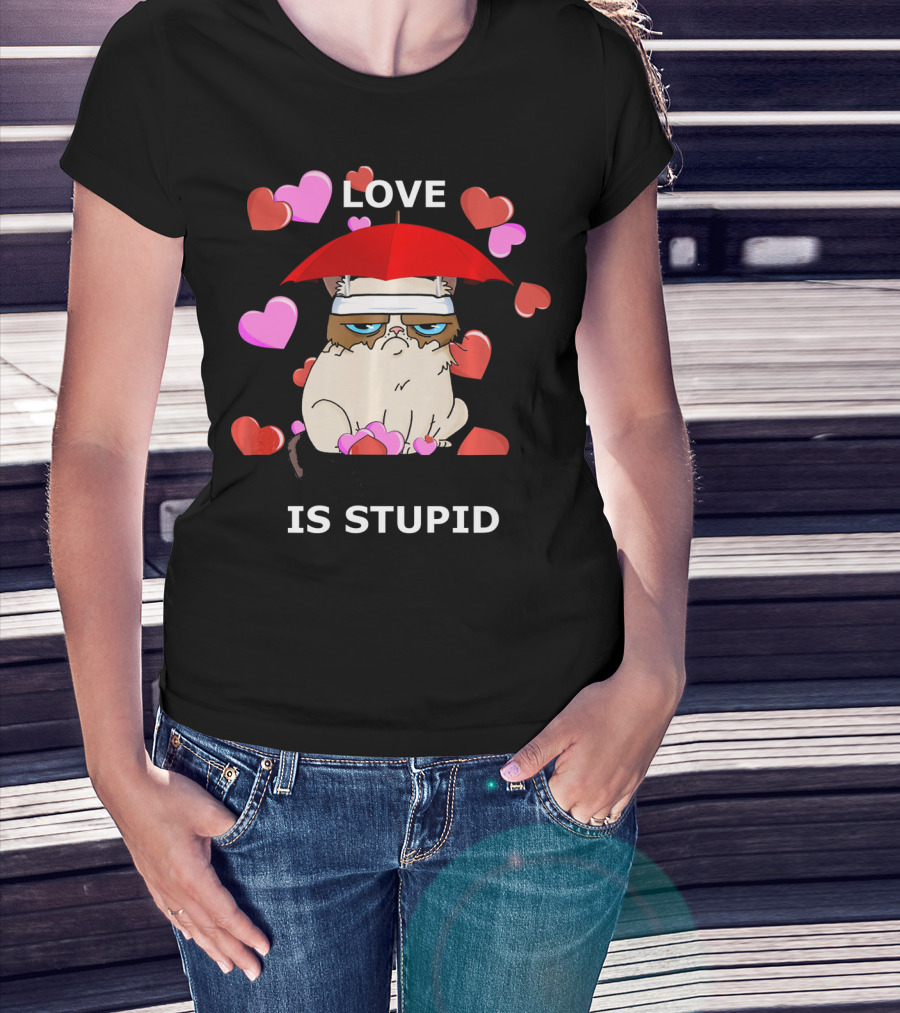 Love Is Stupid Valentines Cat With Hearts And Red Umbrella T-Shirt