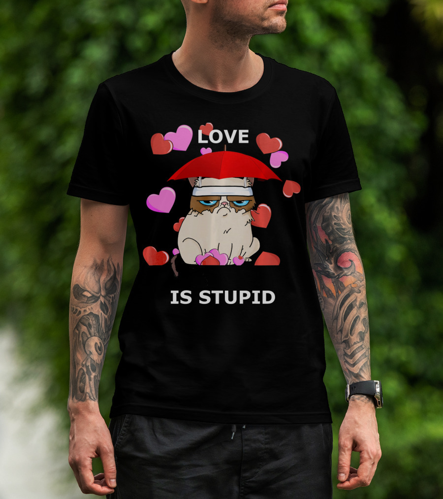 Love Is Stupid Valentines Cat With Hearts And Red Umbrella T-Shirt