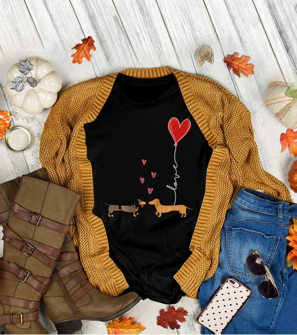 Love Red Heart Balloon Dachshund Couple Connection T-Shirt