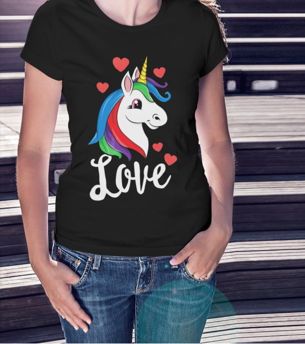 Love Unicorn With Hearts Valentines Day T-Shirt