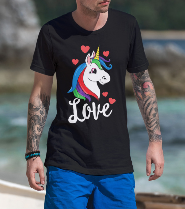 Love Unicorn With Hearts Valentines Day T-Shirt