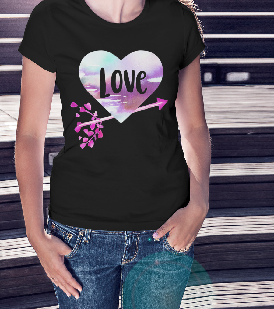 Love Watercolor Heart With Pink Arrow Valentine's T-Shirt