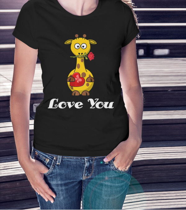Love You Cute Giraffe Holding Rose And Heart Valentine T-Shirt