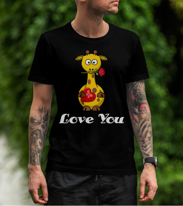 Love You Cute Giraffe Holding Rose And Heart Valentine T-Shirt