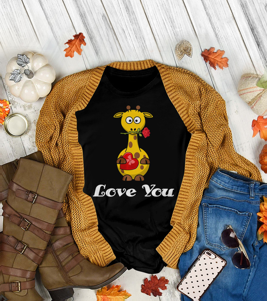 Love You Cute Giraffe Holding Rose and Heart Valentine T-Shirt