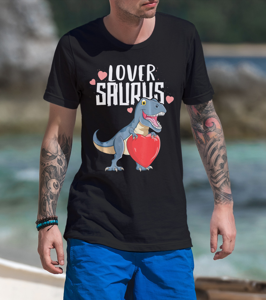 Lover Saurus Dinosaur Holding Heart With Loveasaurus Valentines T-Shirt