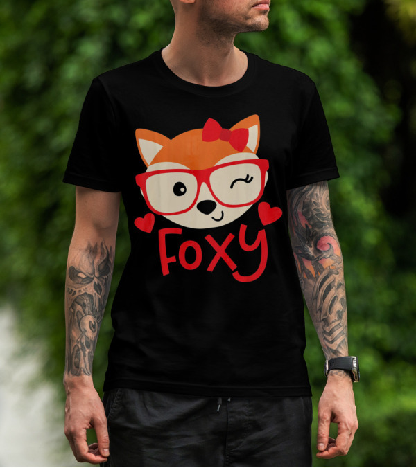 Foxy Cute Winking Fox With Glasses And Bow Valentine Hearts T-Shirt