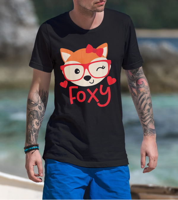 Foxy Cute Winking Fox With Glasses And Bow Valentine Hearts T-Shirt