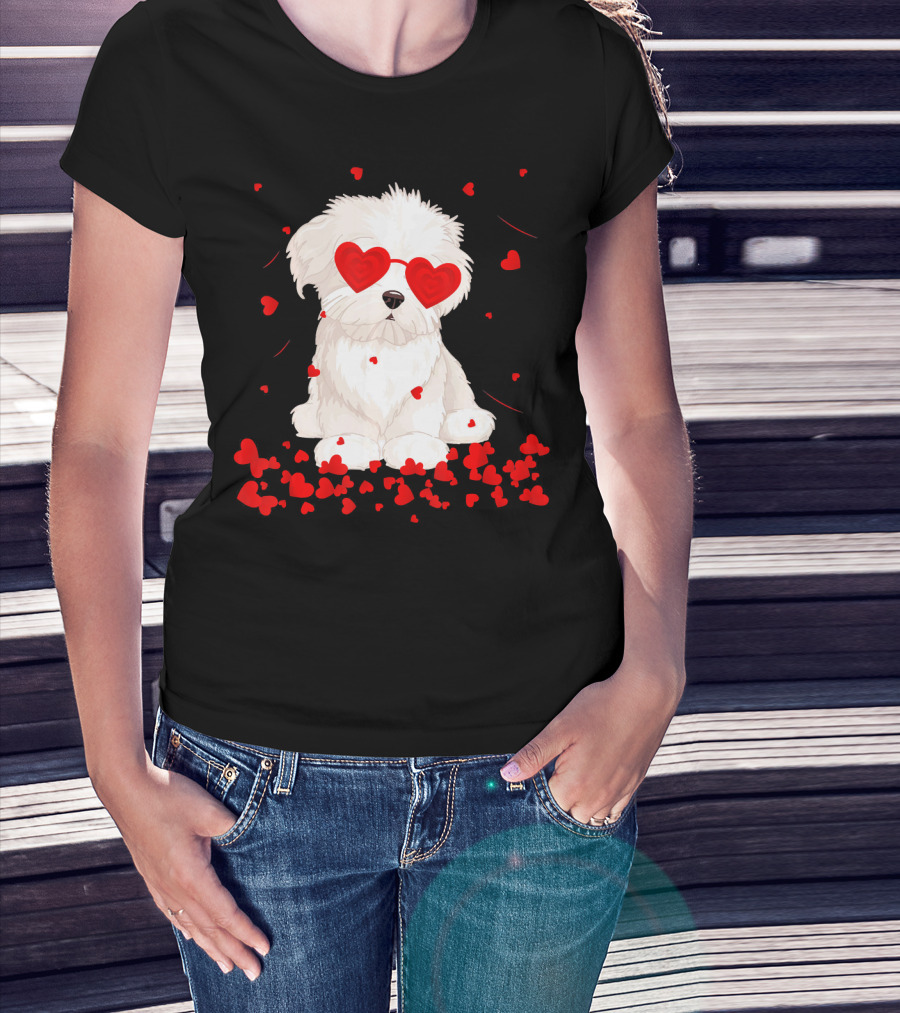 Maltese Dog With Heart Glasses Surrounded By Valentine Hearts T-Shirt