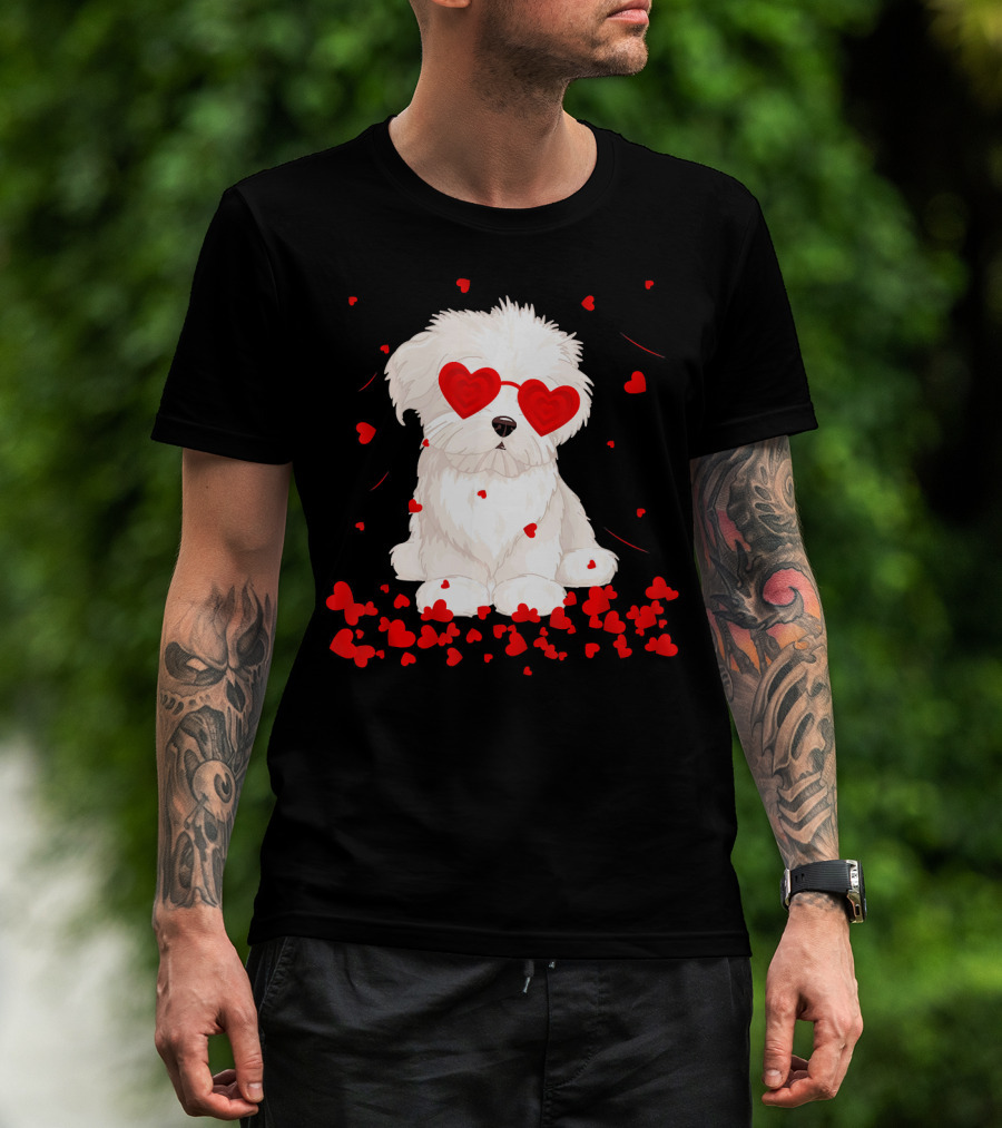 Maltese Dog With Heart Glasses Surrounded By Valentine Hearts T-Shirt
