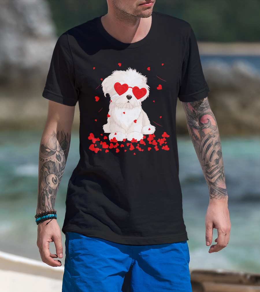 Maltese Dog With Heart Glasses Surrounded By Valentine Hearts T-Shirt