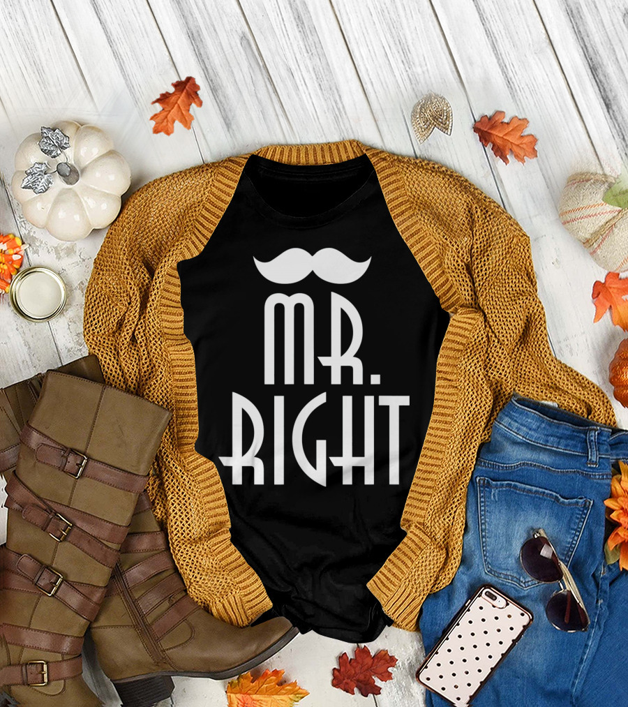 Mens Mr. Right Mrs. Always Right Matching Moustache T-Shirt