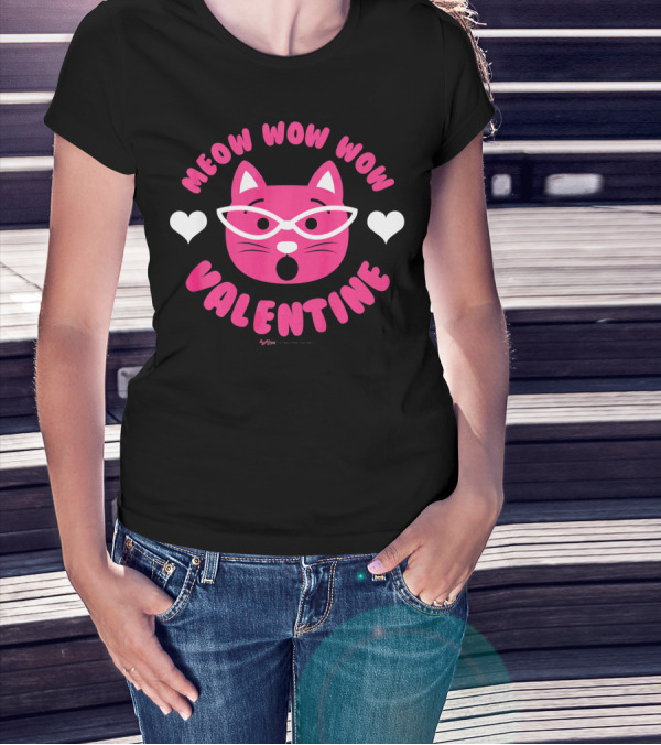Meow Wow Wow Valentine Cat With Hearts T-Shirt