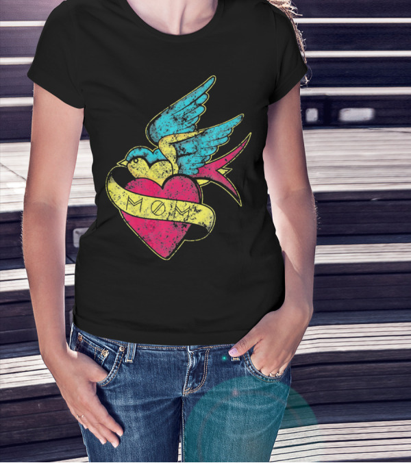 Mom Heart With Blue Bird Vintage Tattoo Valentines T-Shirt