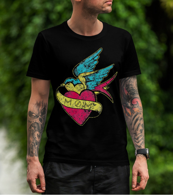 Mom Heart With Blue Bird Vintage Tattoo Valentines T-Shirt