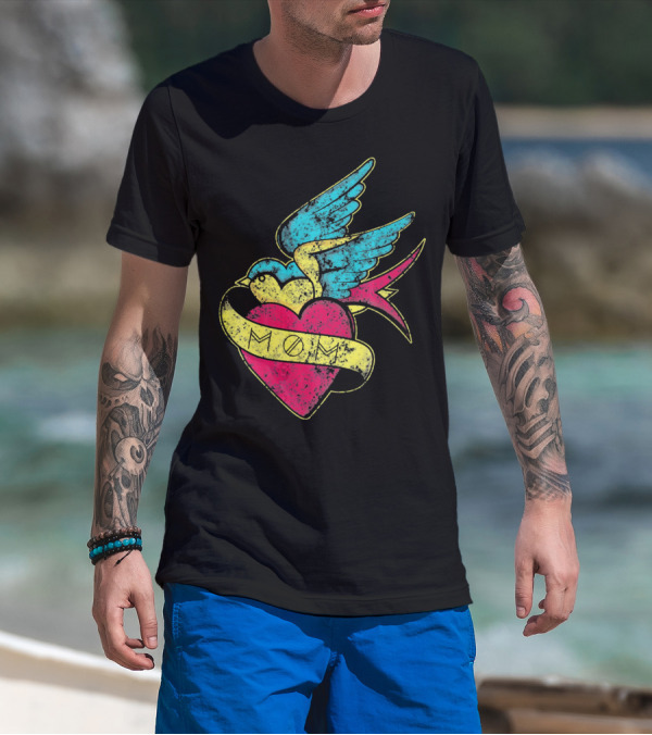 Mom Heart With Blue Bird Vintage Tattoo Valentines T-Shirt