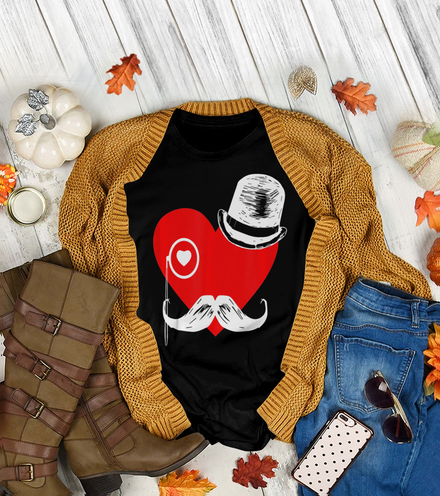 Heart Mustache Monocle Top Hat Valentines Day T-Shirt