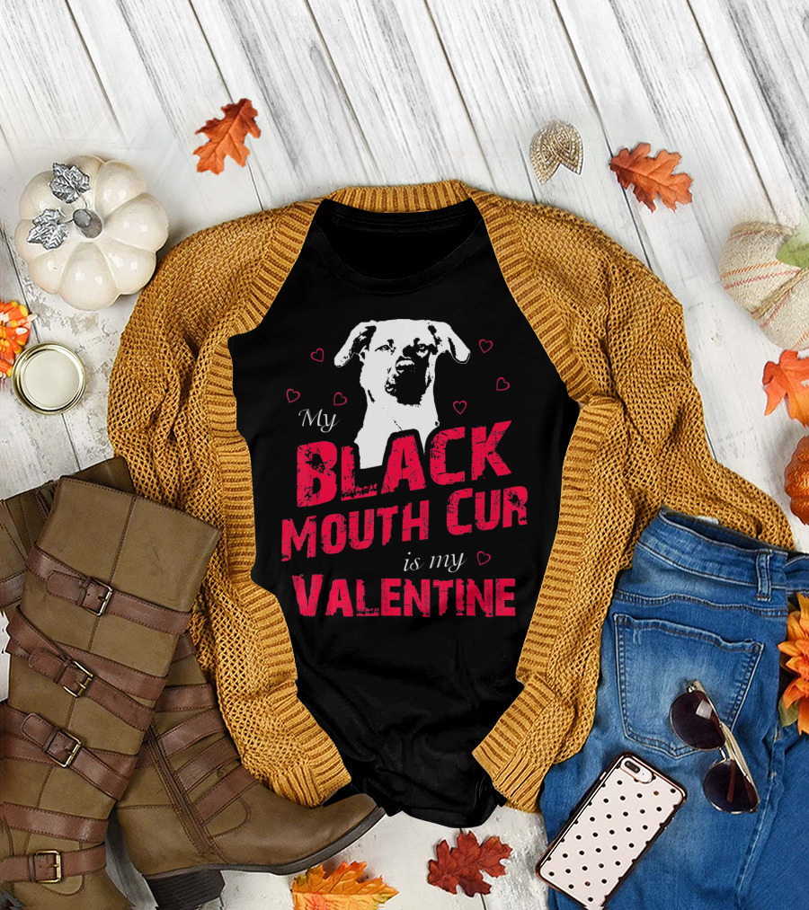 My Black Mouth Cur Is My Valentine Dog With Hearts T-Shirt