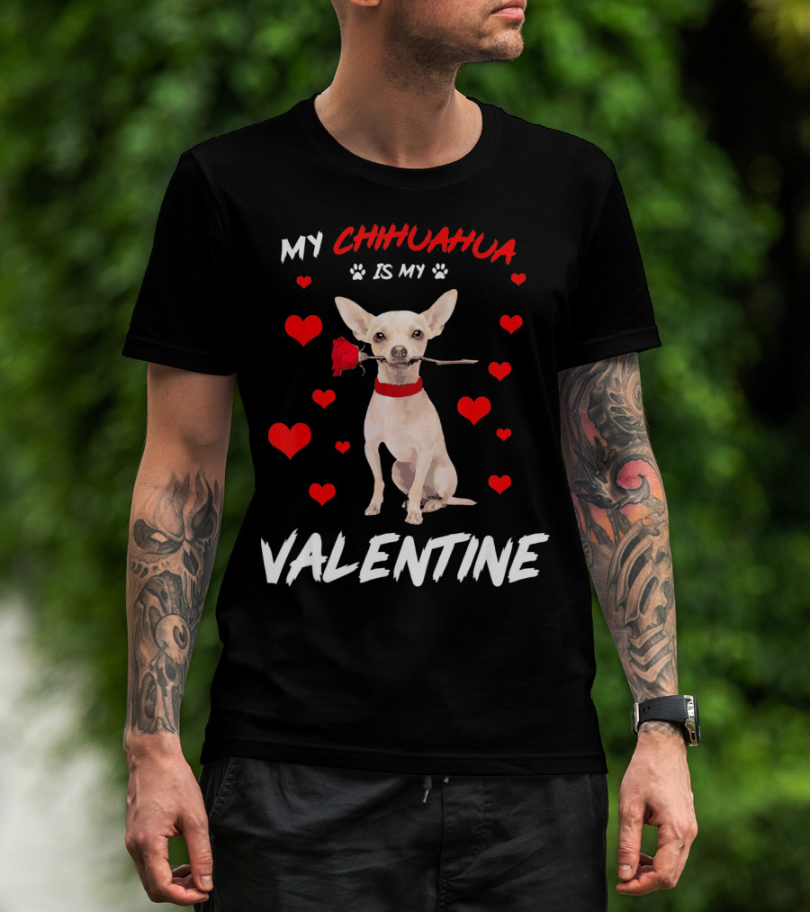My Chihuahua Is My Valentine Raining Hearts Red Rose T-Shirt