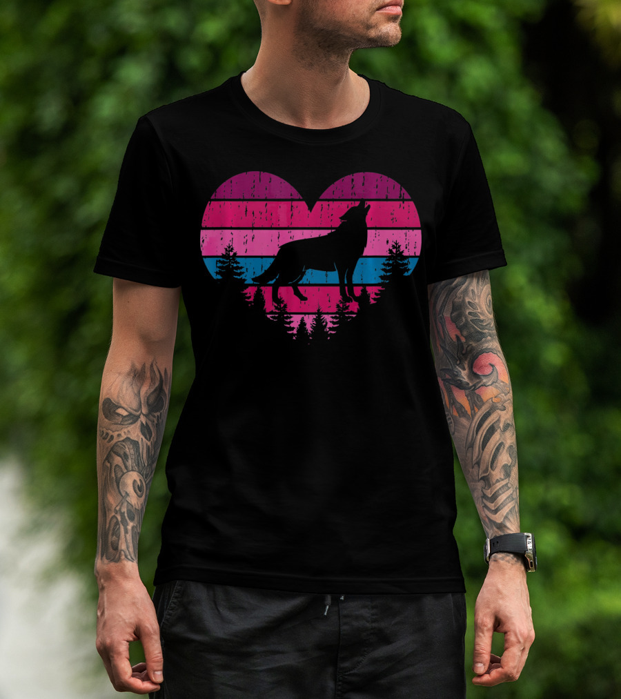 Wolf Girl Valentines Day Heart Silhouette With Howling Wolf And Forest Horizon T-Shirt