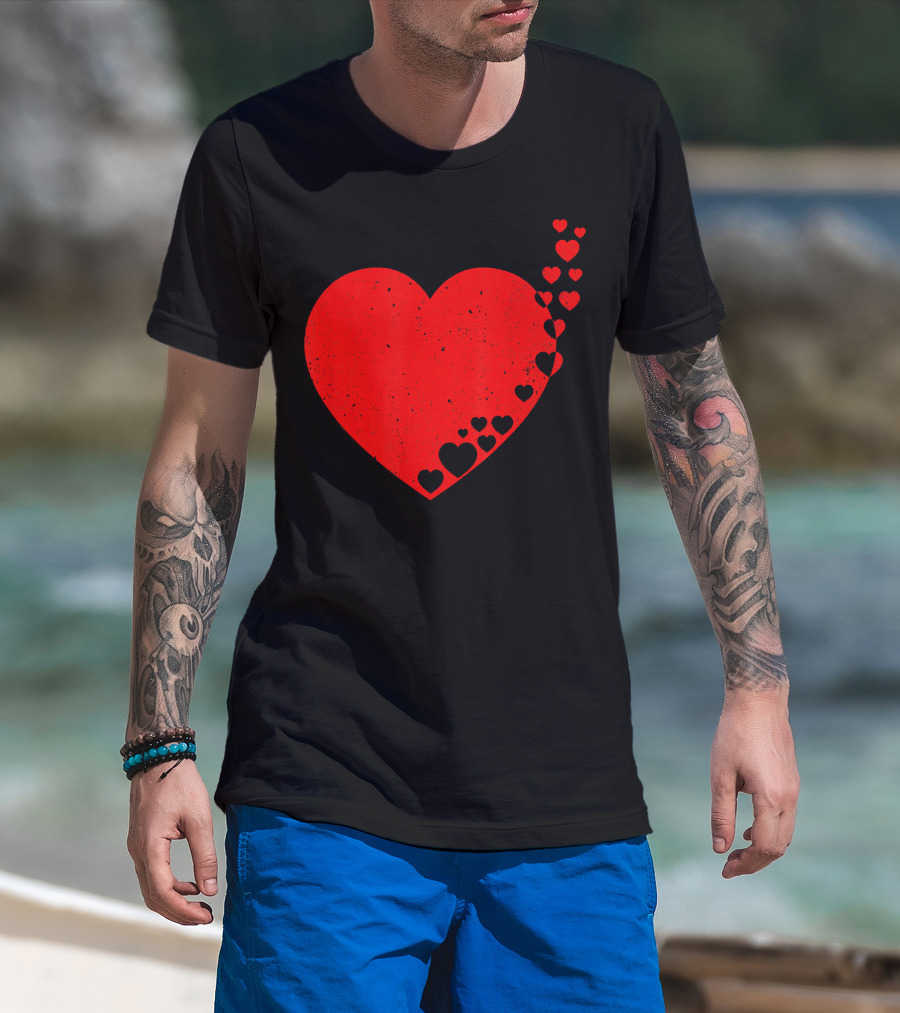 Big Heart Distressed Valentines Red Heart With Small Hearts Fluttering T-Shirt