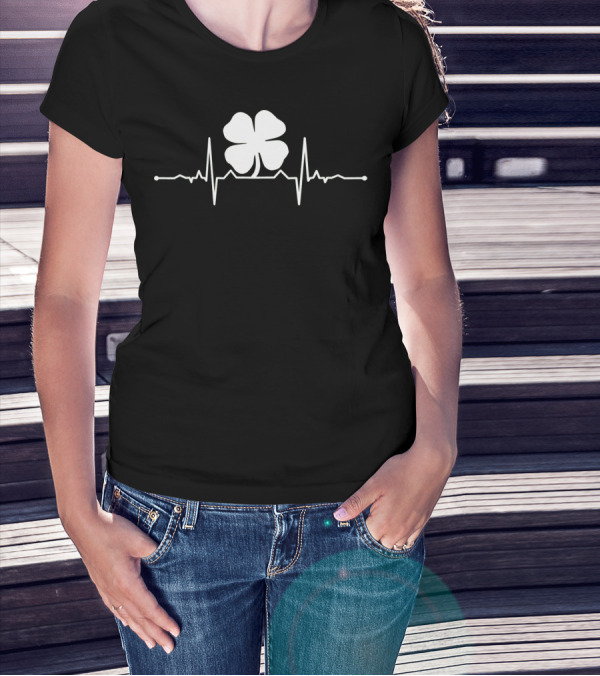 Heartbeat Irish Four Leaf Clover Pulsing EKG Shamrock T-Shirt