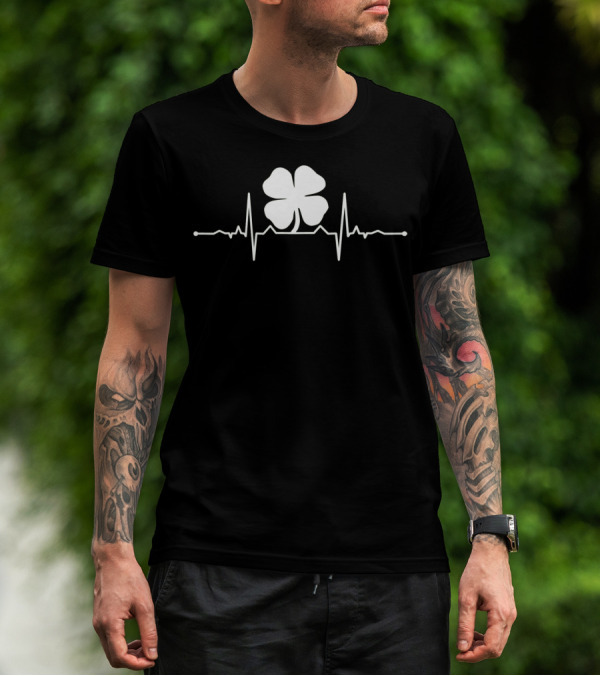 Heartbeat Irish Four Leaf Clover Pulsing EKG Shamrock T-Shirt