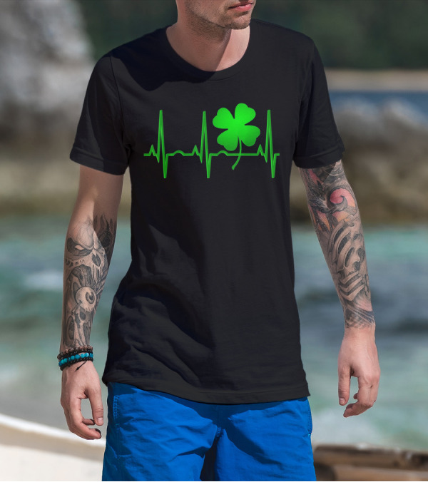 St Patricks Day Irish Shamrock Heartbeat EKG T-Shirt