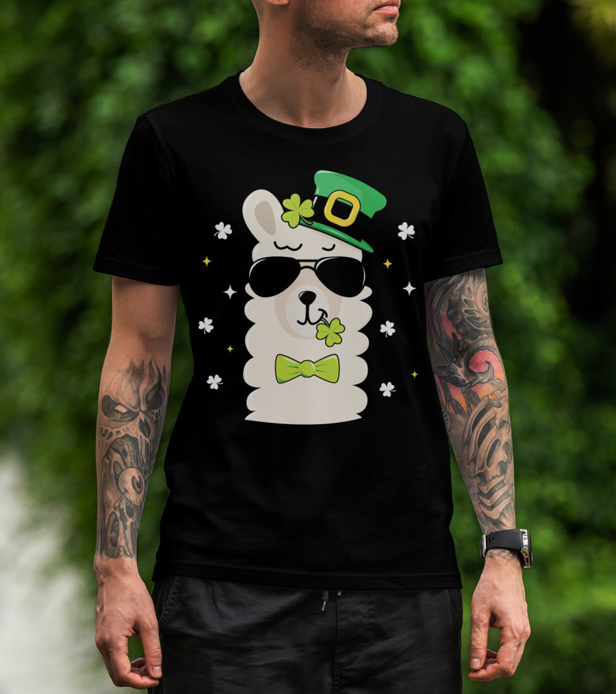 Llama Leprechaun Kids St Patricks Day Clover Hat Sunglasses Bow Tie T-Shirt
