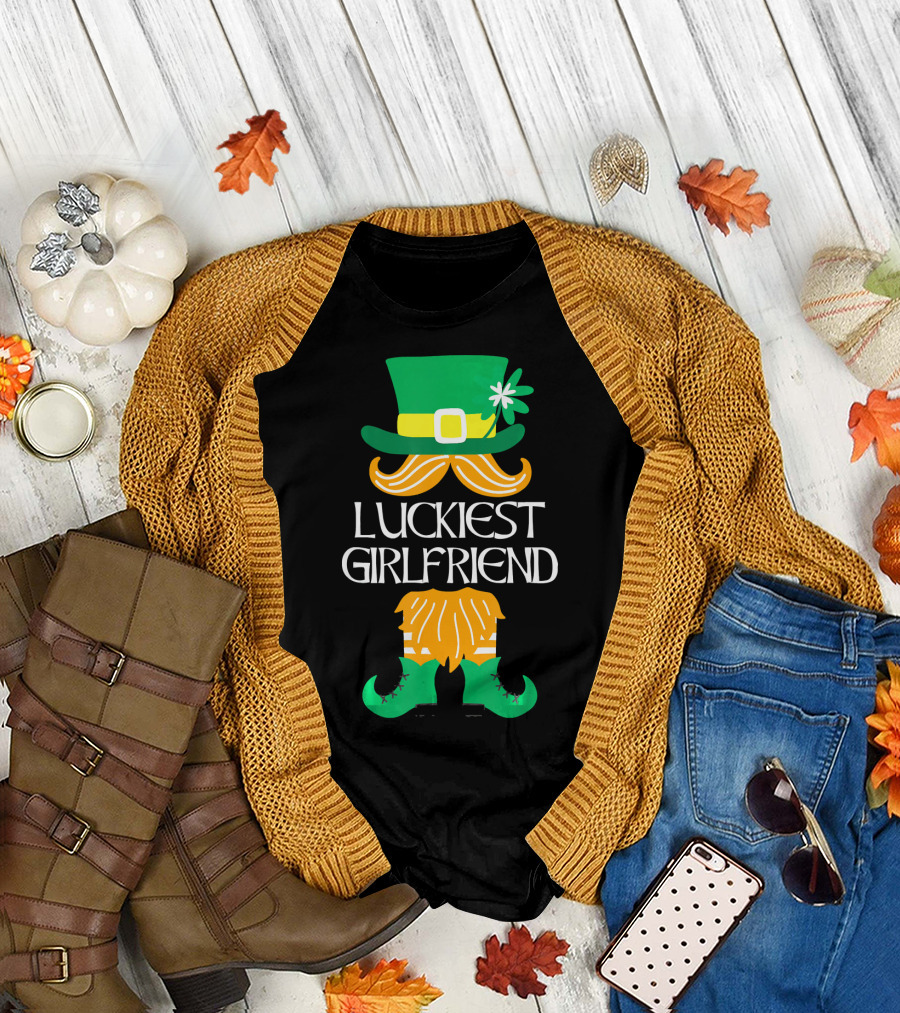 Luckiest Girlfriend Leprechaun Hat Beard Green Boots T-Shirt