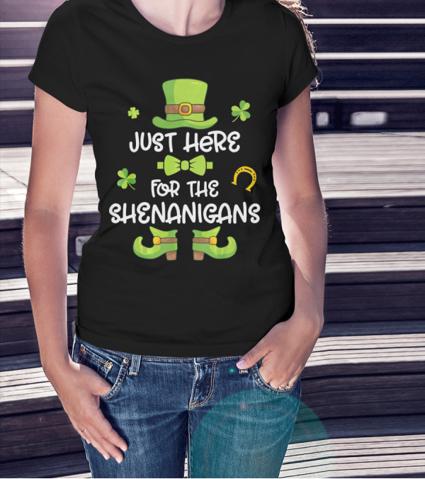 Just Here For The Shenanigans Leprechaun Dance Shamrock Gold T-Shirt